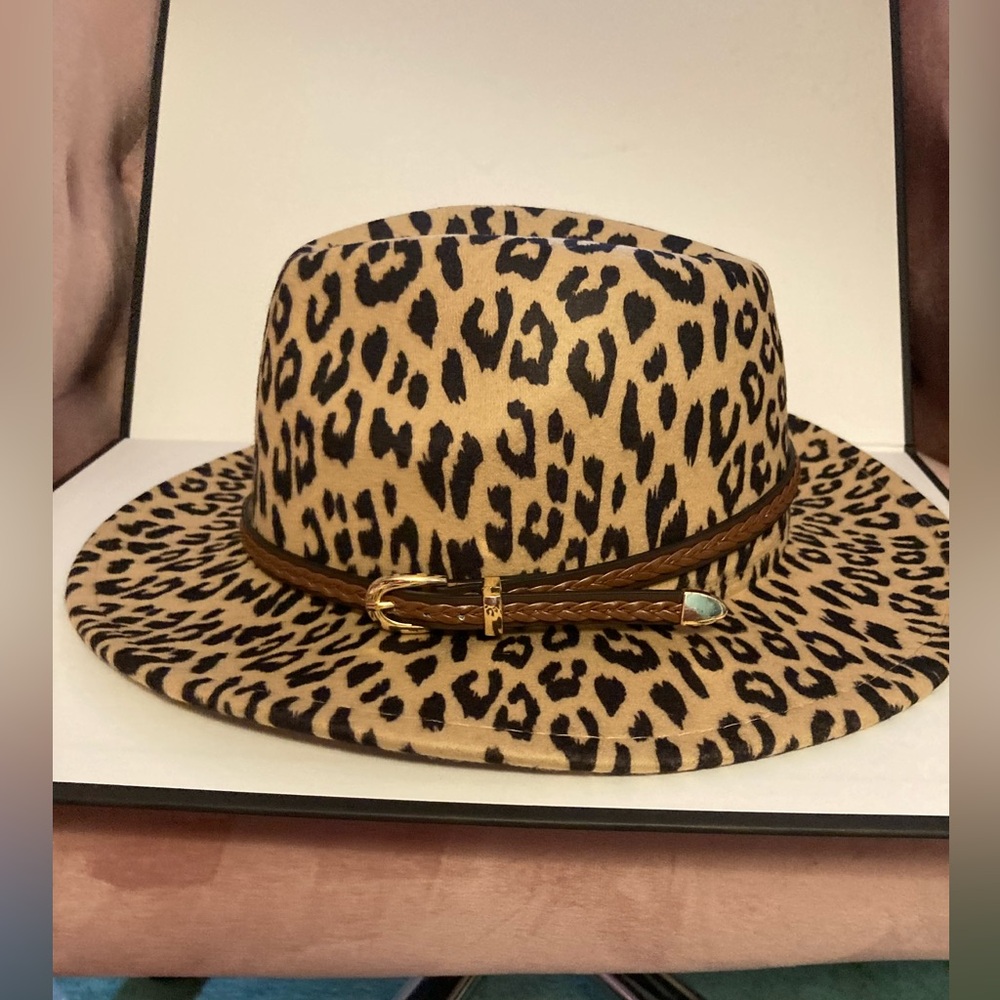 Leopard Print Wide-Brim Fedora Hat - Brown - Picture 6 of 6